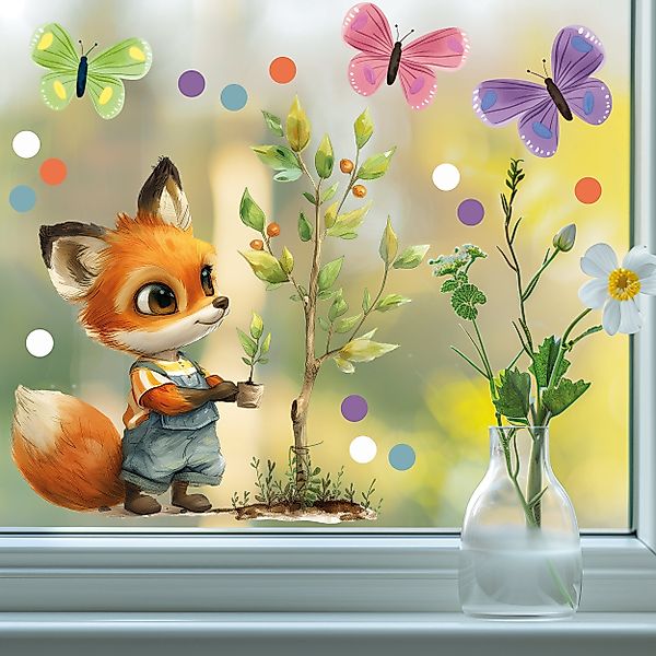 Sunnywall Fensterdekoration wiederverwendbares Fensterbild Fuchs Gärtner günstig online kaufen