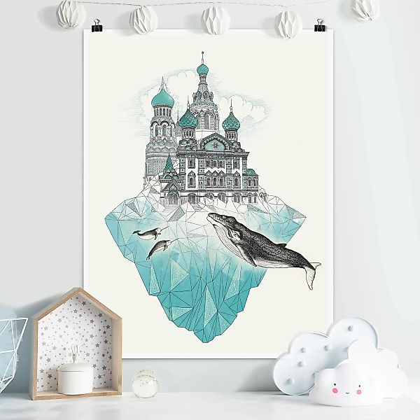 Poster Tiere - Hochformat Illustration Kirche mit Kuppeln und Wal günstig online kaufen