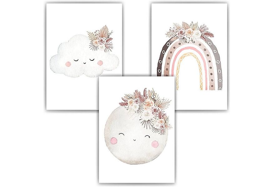 Tigerlino Poster Mond Regenbogen Wolke Boho Bilder 3er Set Kinderzimmer Wan günstig online kaufen