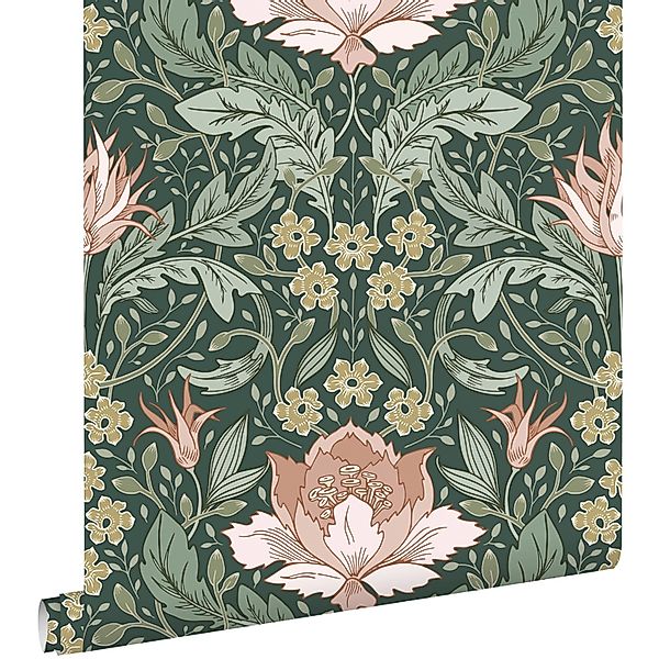 ESTAhome Tapete Blumenmuster im Jugendstil Dunkelgrün und Hellrosa 50 x 900 günstig online kaufen