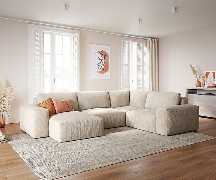 Wohnlandschaft Lanzo 300x210 cm Cord Beige Recamiere variabel günstig online kaufen