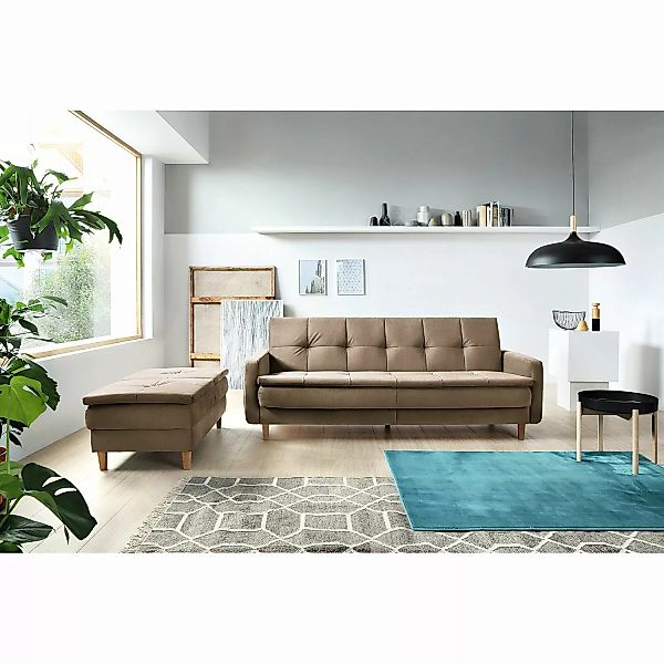 home24 loftscape Schlafsofa Pabna Solinograu Samt 218x84x115 cm mit Hocker günstig online kaufen