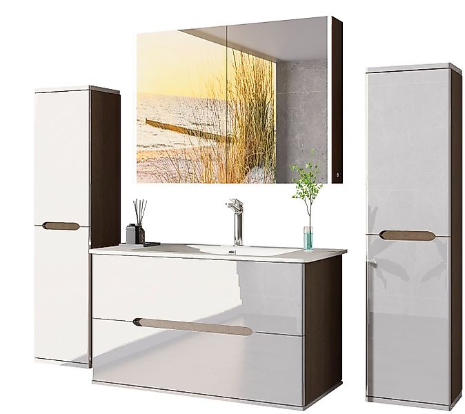 Homeline Badezimmer-Set Badezimmer Möbel Badmöbel Set Eiche/Weiß Hochglanz günstig online kaufen