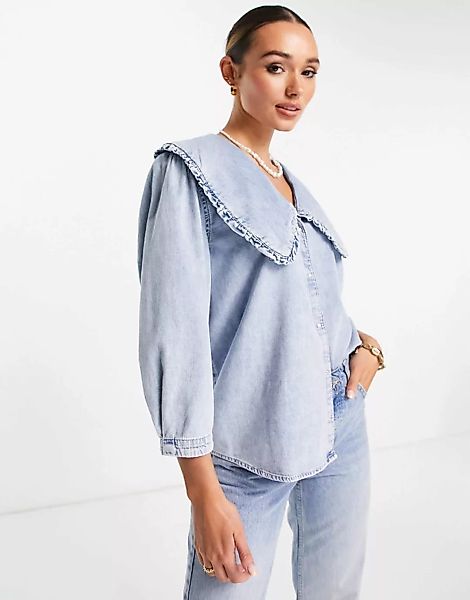 Mango – Jeanshemd mit Kragendetail in Blau günstig online kaufen