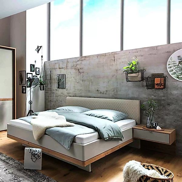 Modernes Komfortbett in Beige und Eiche Bianco Nachtkonsolen (dreiteilig) günstig online kaufen