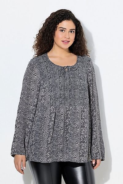 Ulla Popken Druckbluse Smokbluse Bindeband Rundhals Langarm günstig online kaufen