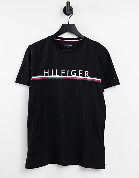 Tommy Hilfiger – T-Shirt in Schwarz mit Streifen und Logo günstig online kaufen