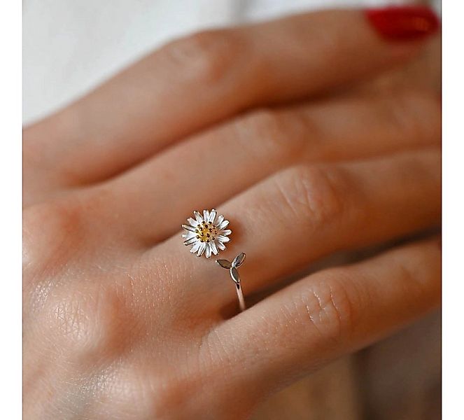 Runde Perlé Fingerring Offener Ring Gänseblümchen und Blatt, 925er Silber, günstig online kaufen