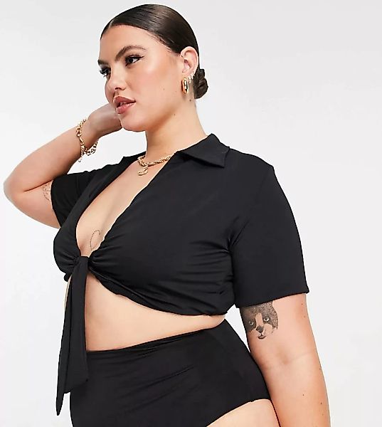 ASOS DESIGN Curve – Bikinioberteil in glänzendem Schwarz mit kurzem Schnitt günstig online kaufen