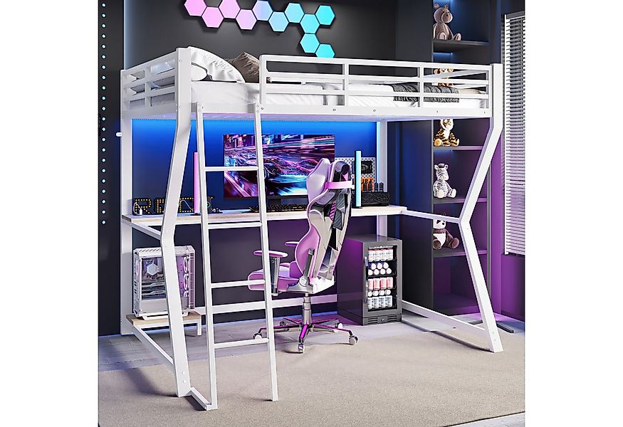 Flieks Hochbett LED Metallbett 90x200cm mit Schreibtisch und Aufladenfunkti günstig online kaufen