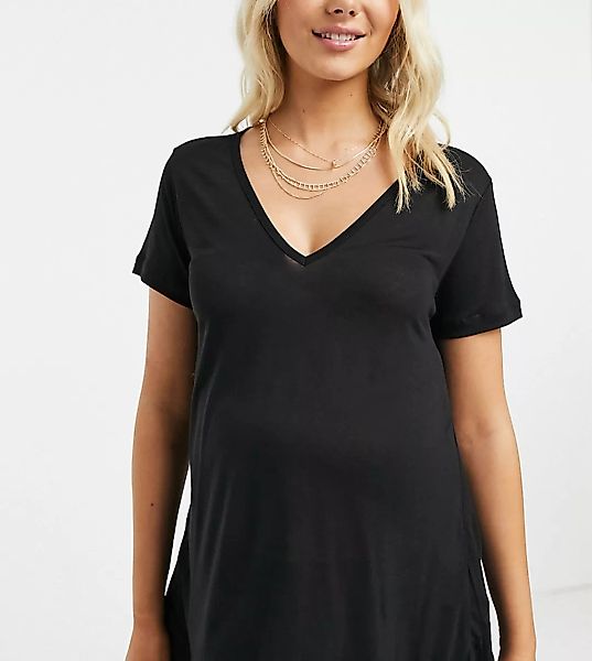 ASOS DESIGN Maternity – Locker geschnittenes T-Shirt in Schwarz mit V-Aussc günstig online kaufen
