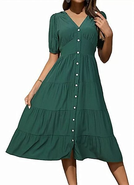 ZWY A-Linien-Kleid Einfarbiges Damen-Midikleid mit V-Ausschnitt und Knöpfen günstig online kaufen