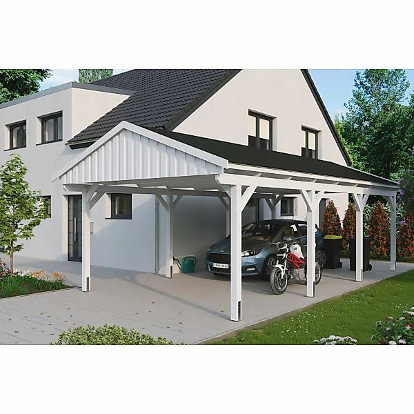 Skan Holz Carport Fichtelberg 423 cm x 808 cm Schwarze Schindeln Weiß günstig online kaufen