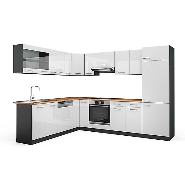 Vicco R-Line Eckküche Weiß Hochglanz/Anthrazit 227 x 287 cm AP Eiche ohne E günstig online kaufen