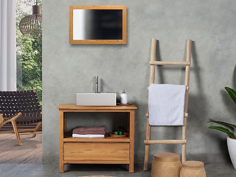 Badmöbel mit Einzelwaschbecken + Spîegel - Teakholz - 90 cm - KETAPANG günstig online kaufen