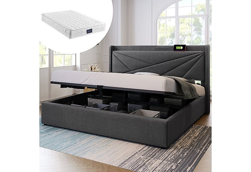 MODFU Polsterbett mit Stauraum und einem geometrisch gepolsterten Kopfteil günstig online kaufen