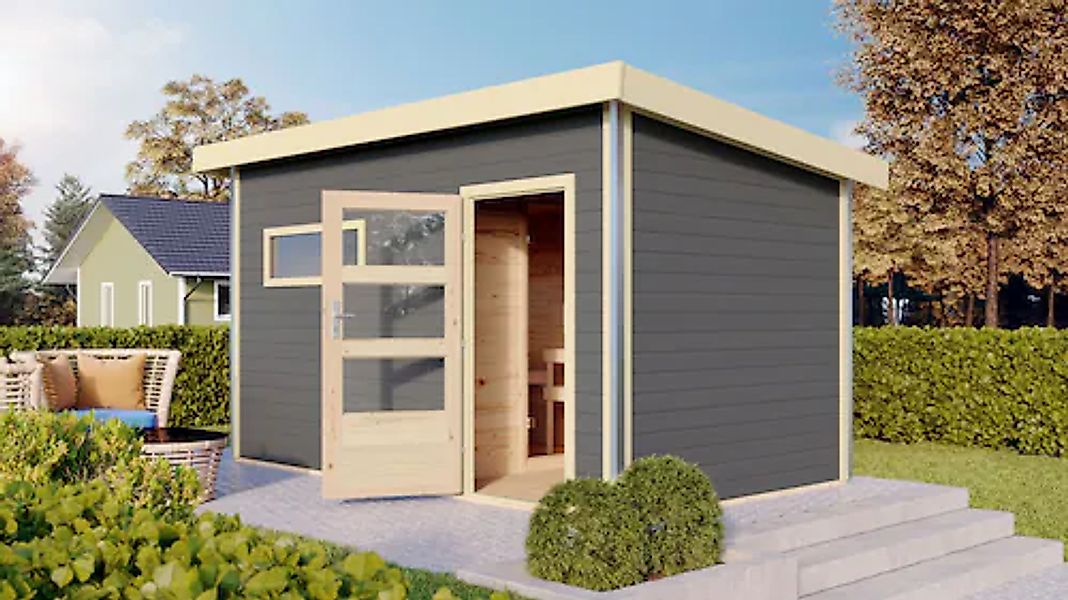 Karibu Saunahaus »»Simon 3« mit moderner Tür, terragrau« Set, Mit 9 kW Ofen günstig online kaufen