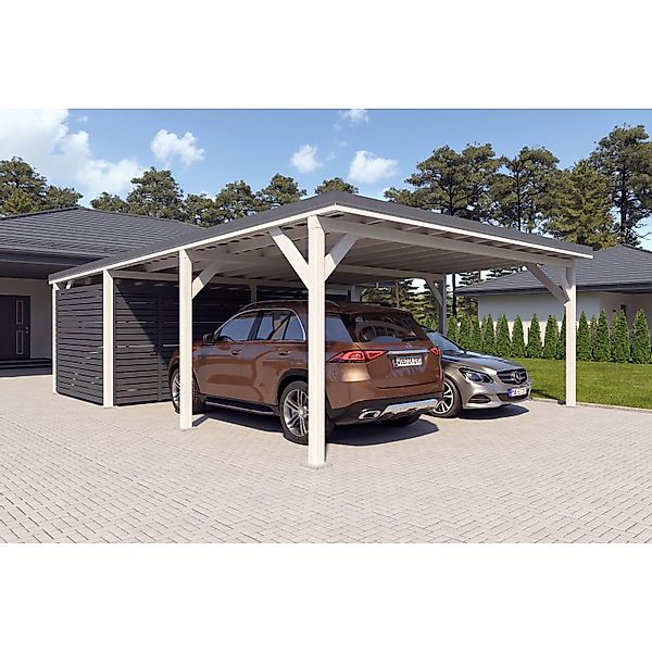 Holzbrüder Carport Ralf 52m² mit Geräteraum Reinweiß-Dunkelgrau günstig online kaufen