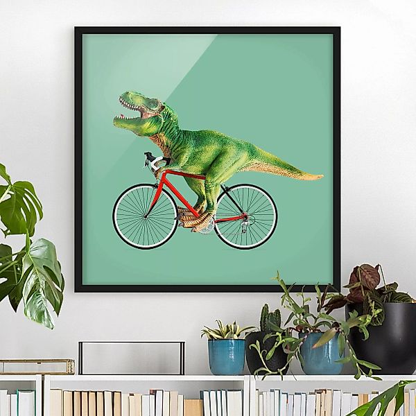 Bild mit Rahmen - Quadrat Dinosaurier mit Fahrrad günstig online kaufen