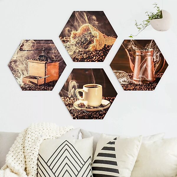 4-teiliges Hexagon-Alu-Dibond Bild Kaffee - Dampf günstig online kaufen