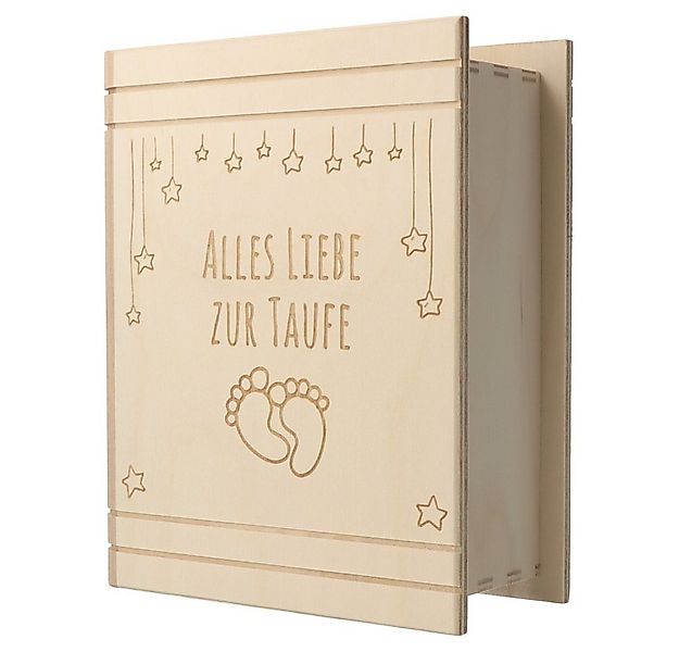 Spruchreif® Spardose Spardose Buch Holz mit Gravur zur Taufe · Motiv Babyfü günstig online kaufen