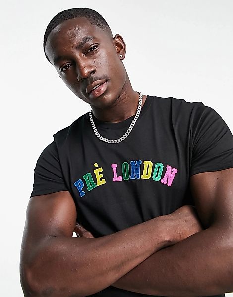 Prè London – T-Shirt in Schwarz mit Schriftzug im Uni-Design günstig online kaufen
