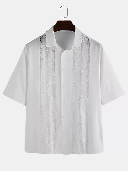 Herren Openwork Lace Stitching Mittelärmliges Slim Shirt günstig online kaufen