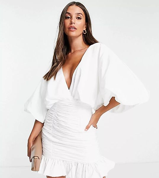 ASOS DESIGN Tall – Blouson-Minikleid in Weiß mit gerafftem Rock und Rüschen günstig online kaufen
