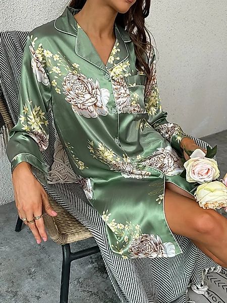 Elegant Love Nachthemd Damen Morgenmantel aus Satin – Elegant mit Blumenmus günstig online kaufen