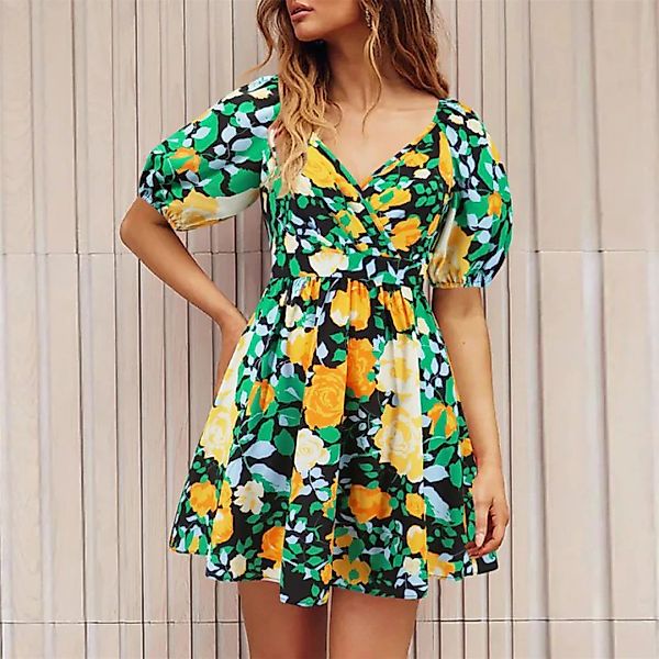 RUZU UG Dirndl Bedrucktes Strandkleid mit V-Ausschnitt, kurzes Kleid (1-tlg günstig online kaufen