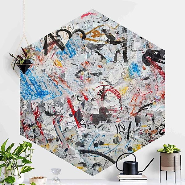 Hexagon Mustertapete selbstklebend Grafische Street Art Kollage günstig online kaufen