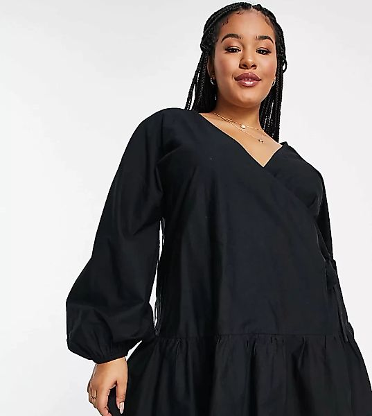 ASOS DESIGN Curve – Mini-Wickelkleid aus Baumwoll-Popeline in Schwarz günstig online kaufen