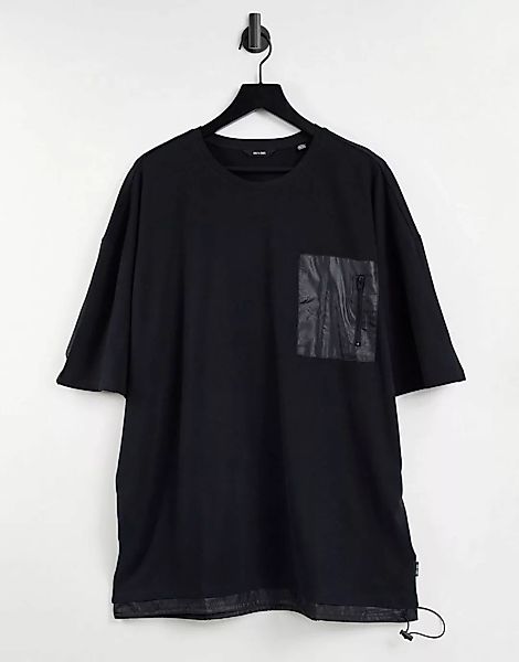 Only & Sons – Schwarzes Oversize-T-Shirt mit Brusttasche aus Nylon günstig online kaufen
