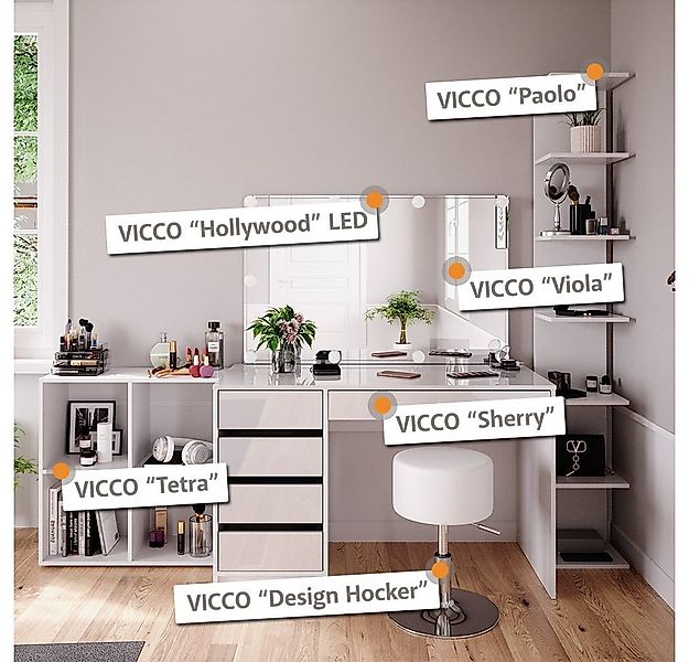 Vicco Schminktisch Sherry, Weiß, 120 cm 4 Teile, mit Standregal, Spiegel, H günstig online kaufen