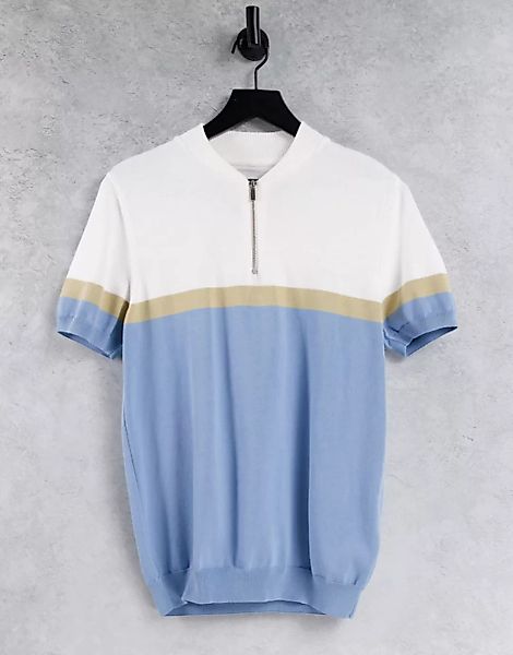 Topman – Strick-Poloshirt mit Einsätzen in Weiß und Blau günstig online kaufen