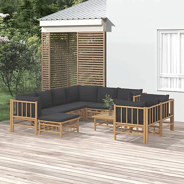Vidaxl 10-tlg. Garten-lounge-set Mit Dunkelgrauen Kissen Bambus günstig online kaufen