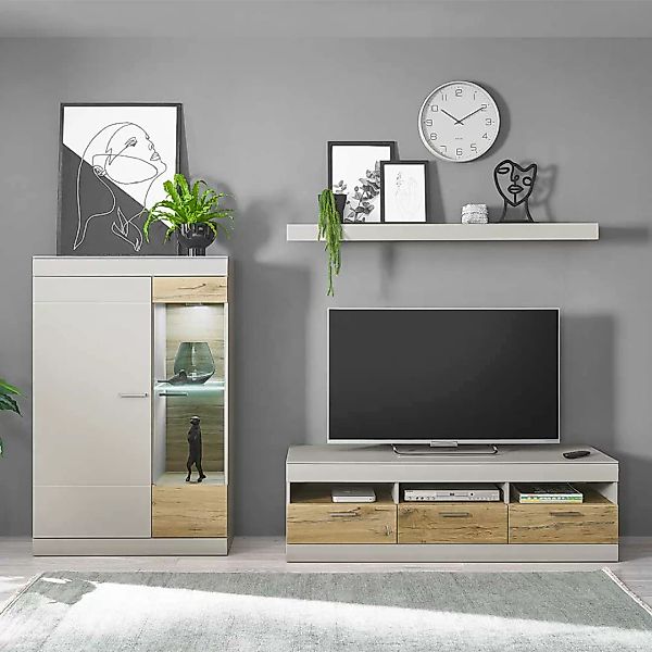 Design Wohnwand modern in Hellgrau Zinneichefarben (dreiteilig) günstig online kaufen