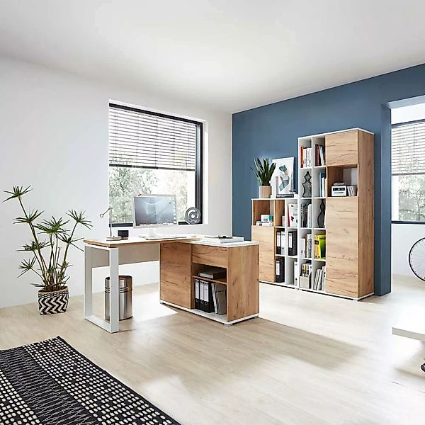 Büromöbel Komplettset in Weiß Wildeiche Dekor (dreiteilig) günstig online kaufen