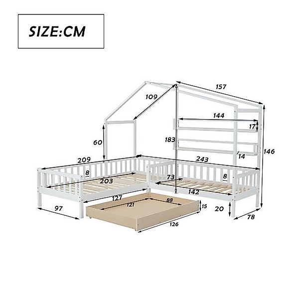 SeedWave Hausbett Kinderbett mit Schubladen und Regalen,Zwei Betten(200x90c günstig online kaufen
