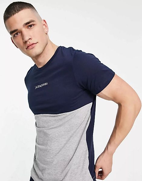 Jack & Jones Originals – T-Shirt in Marineblau und Grau mit Blockfarbendesi günstig online kaufen