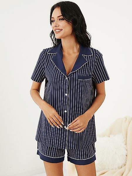 Lässige gestreifte Reverskragentaschen Kurzarm-Pyjama-Sets günstig online kaufen