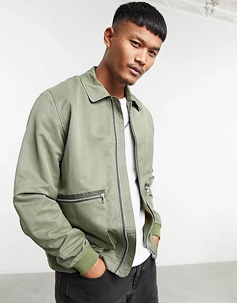 ASOS DESIGN – Harrington-Jacke in Khaki mit Kontrastbesatz-Grün günstig online kaufen
