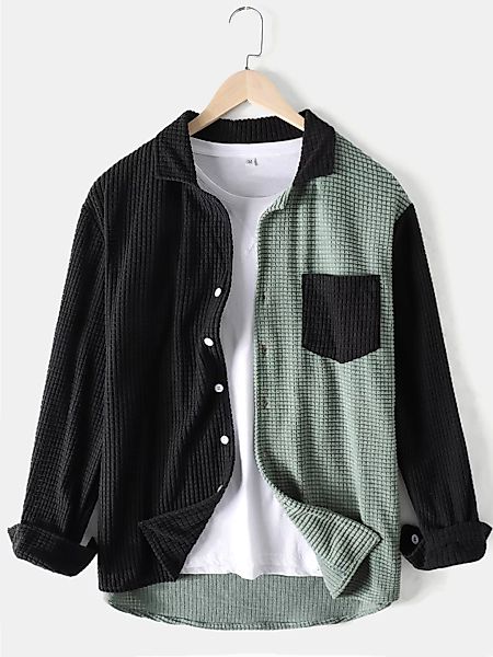 Herren Colorblock Patchwork Cord Revers Langarmhemden mit Tasche günstig online kaufen