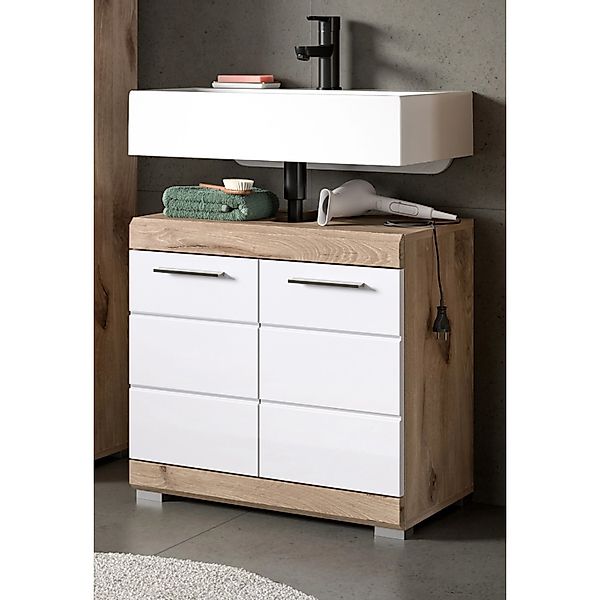 Inn.Furn Waschbeckenunterschrank in Weiß Hochglanz und Eiche 60 cm Willow günstig online kaufen