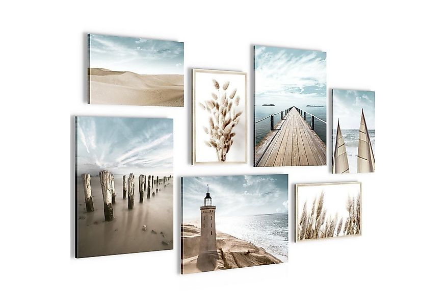 Novart Wandbild Strand Meer Leuchtturm Wohnzimmer Bilder Set Blau Beige, 7T günstig online kaufen