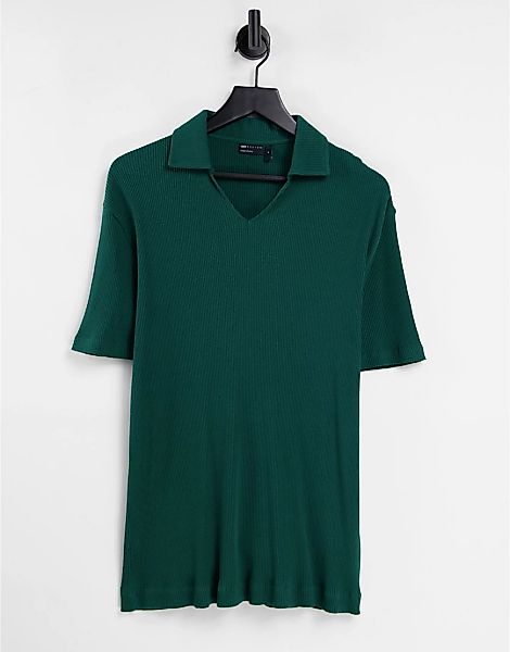 ASOS DESIGN – Lockeres, geripptes Polohemd in Grün mit Reverskragen und Pas günstig online kaufen