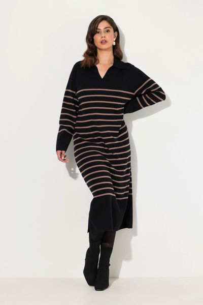 Ulla Popken Midikleid Strick-Midikleid Streifen Kragen günstig online kaufen