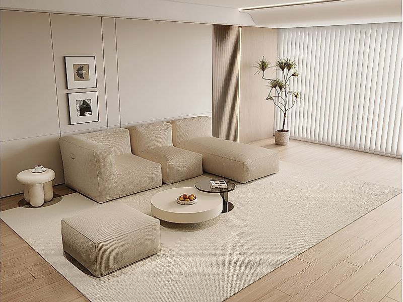 Ecksofa mit Hocker - beliebig kombinierbar - Cord - Beige - NOUMARA günstig online kaufen