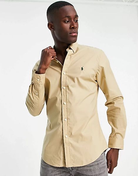Polo Ralph Lauren – Schmal geschnittenes Popeline-Hemd in Beige mit Button- günstig online kaufen