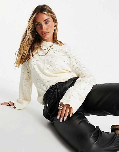 Fashion Union – Pointelle-Pullover mit Muschelsaum-Weiß günstig online kaufen